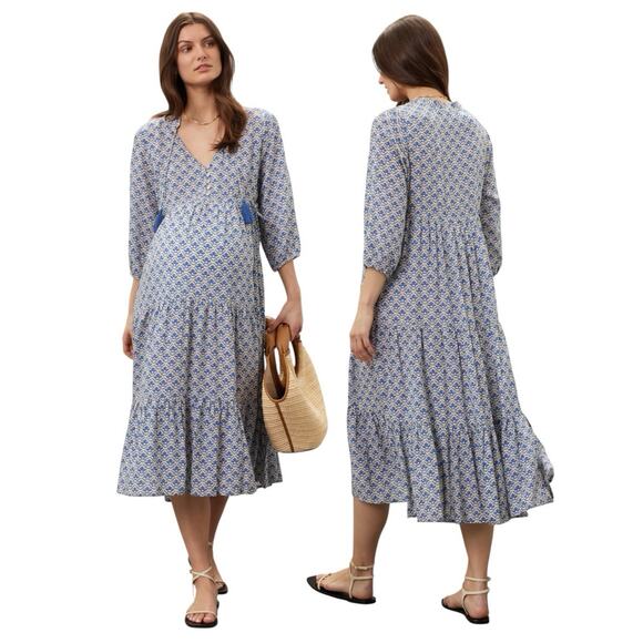 RIPE Mila Longline Tiered Maternity Dress Size Small Blue Geometric Print Boho - Picture 1 of 7